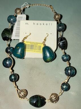 M. Haskell Gold Tone Green Beaded Necklace & Earrings Set